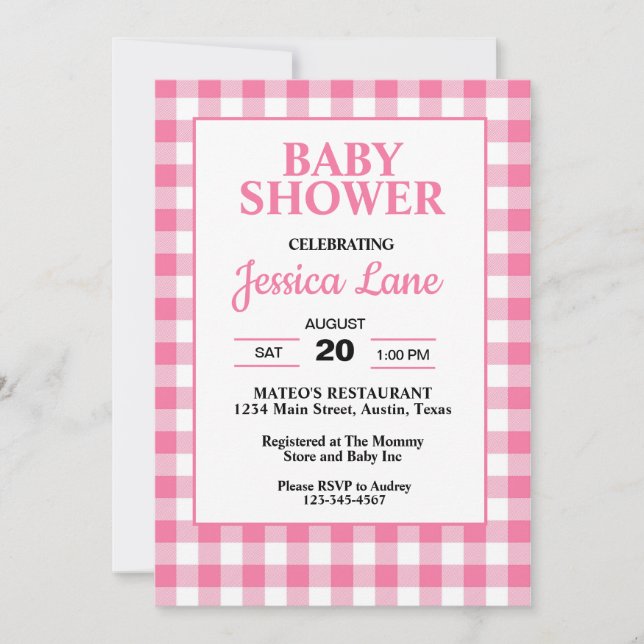Gingham Rosa Rutiga Baby Shower Inbjudan (Framsida)