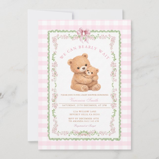 Gingham Rosa Vi kan knappt vänta Bebis Baby Shower Inbjudningar (Framsida)