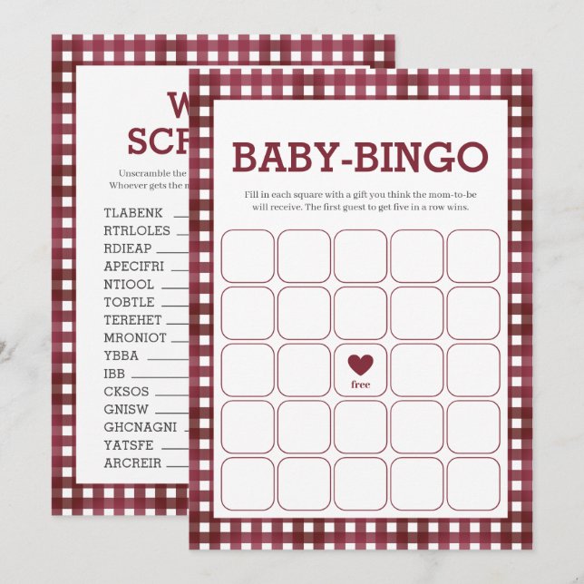 Gingham Rustic Baby Shower Två Spelkort Inbjudningar (Fram/baksida)