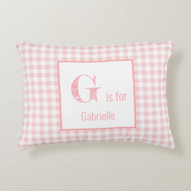 Gingham-ruta Baby Rosa & Vit - Monogram Barnkammar Prydnadskudde (Framsidan)