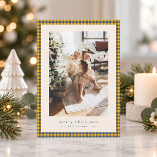 Gingham-ruta Navyblå Gul Jul Foto Julkort