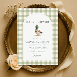 Gingham Sage Green Mallard Duck Bow Baby Shower Inbjudningar