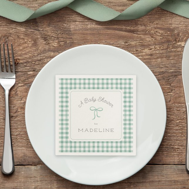 Gingham Sage Grönt Baby Shower Pappersservett (Skapare uppladdad)