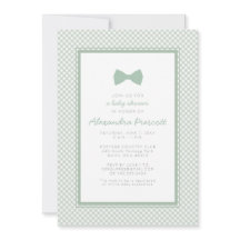 Gingham sage grönt bow tie babyduschinbjudan