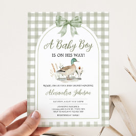 Gingham Sage Grönt Mallard Anka Baby Shower Inbjudningar