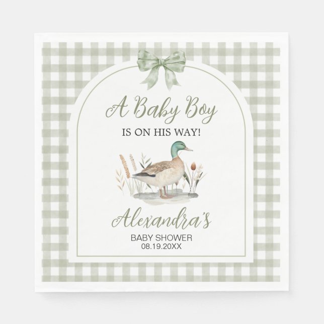 Gingham Sage Grönt Mallard Anka Baby Shower Pappersservett (Framsidan)