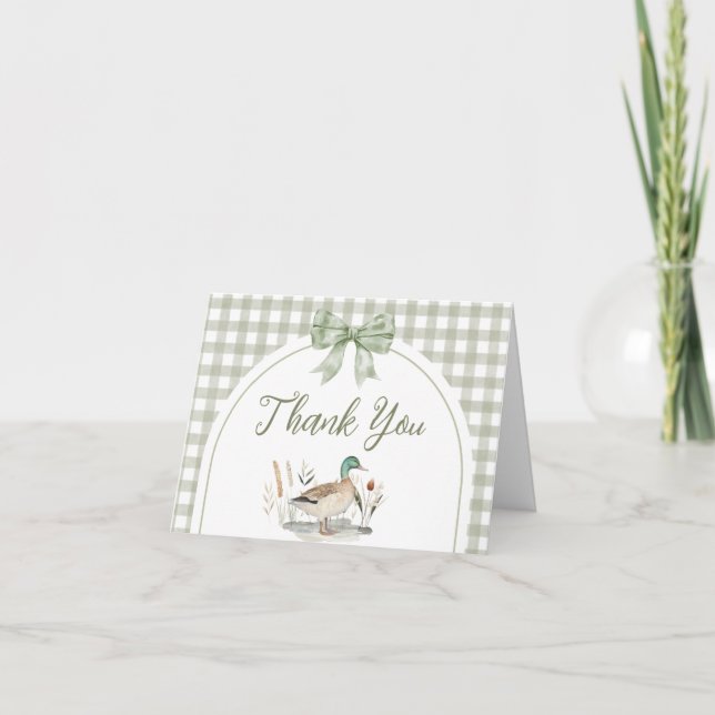 Gingham Sage Grönt Mallard Anka Baby Shower Tack Kort (Framsida)