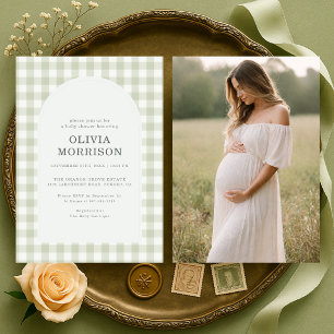 Gingham Sagegrön Foto Bebis Shower Inbjudningar