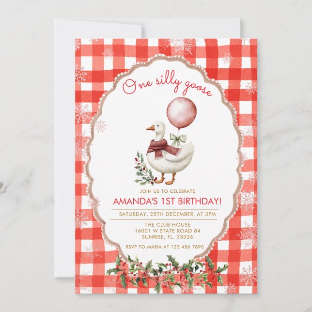 Gingham Silly Goose 1st Birthday Winter Christmas  Inbjudningar (Framsida)