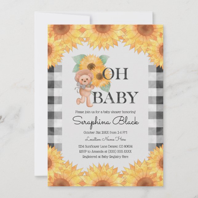 Gingham Solros Nalle Baby Shower Inbjudningar (Framsida)