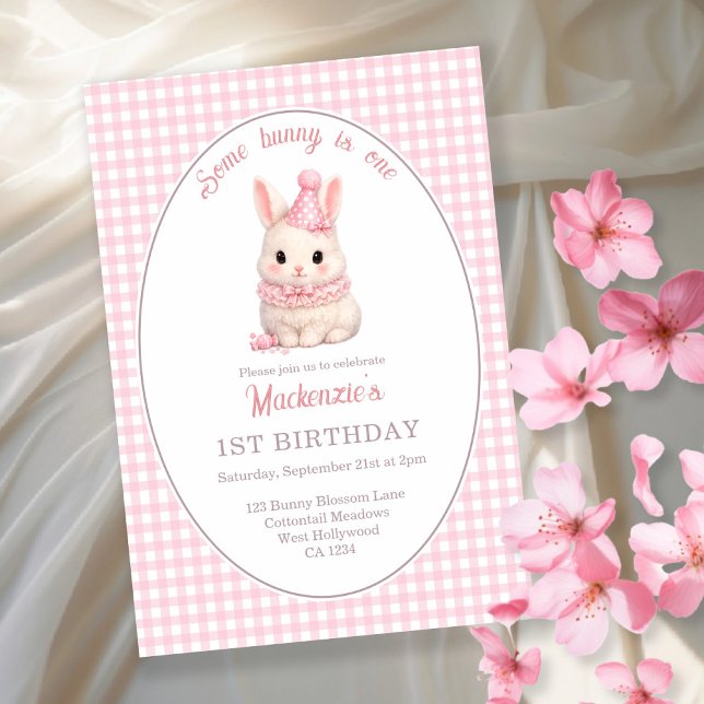 Gingham Some Bunny Is One Birthday Personalized Inbjudningar (Gingham Some Bunny Is One Birthday Personalized Invitation by Ricaso. Pink bunny rabbit party)