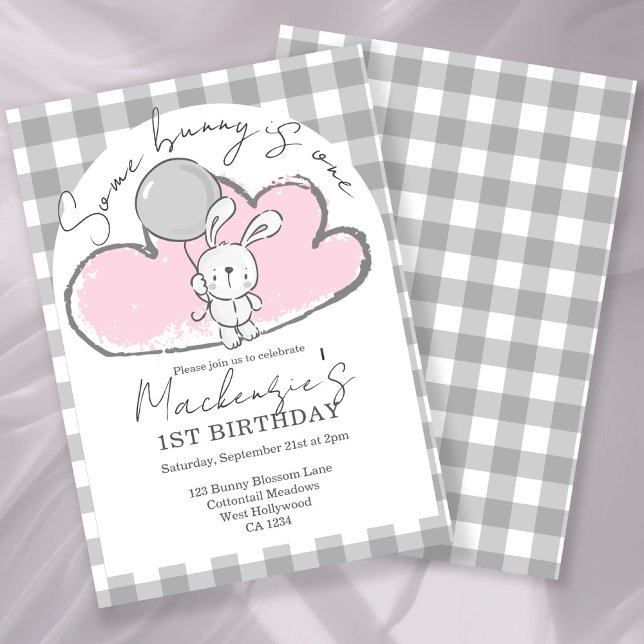 Gingham Some Bunny Is One Birthday Personalized Inbjudningar (Gingham Some Bunny Is One Birthday Personalized Invitation by Ricaso. Pink bunny rabbit party)