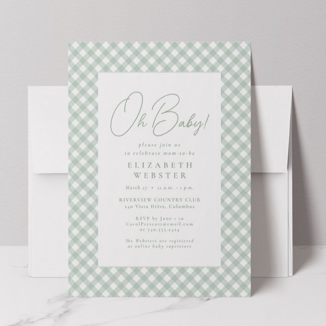 Gingham söt neutral grön baby shower inbjudningar (Skapare uppladdad)
