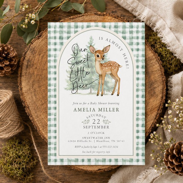 Gingham Söta Hjort Könsneutrala Barnkalas Inbjudningar (Gingham Sweet Deer Gender Neutral Baby Shower Invitation)