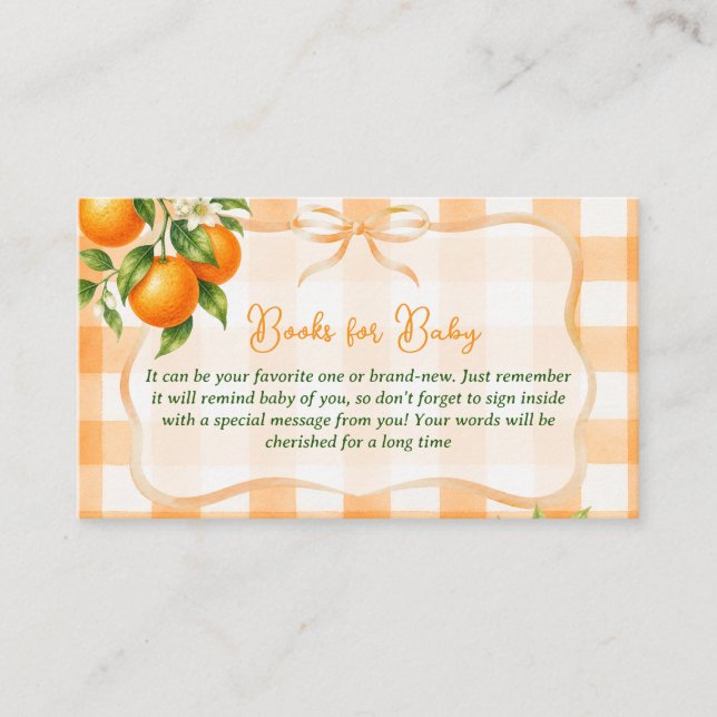 Gingham Söta Lilla Orange Böcker För Baby Shower Tilläggskort (Framsida)