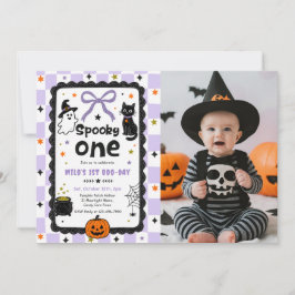 Gingham Spooky One Halloween Födelsedagsfest Foto Inbjudningar