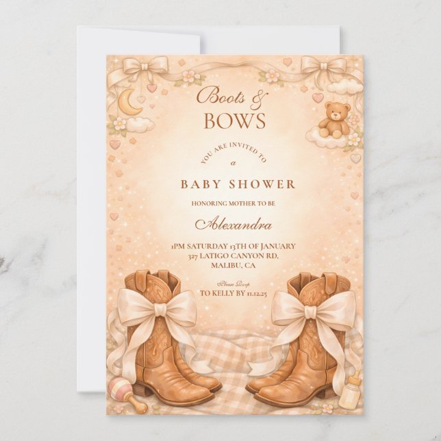 Gingham-stövlar och slingor Baby Shower Inbjudningar (Framsida)