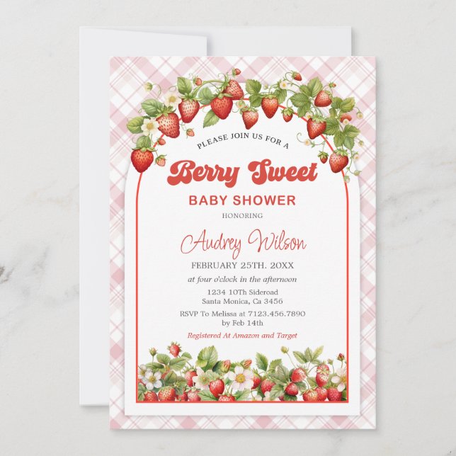 Gingham Strawberry Baby Shower-inbjudan Inbjudningar (Framsida)