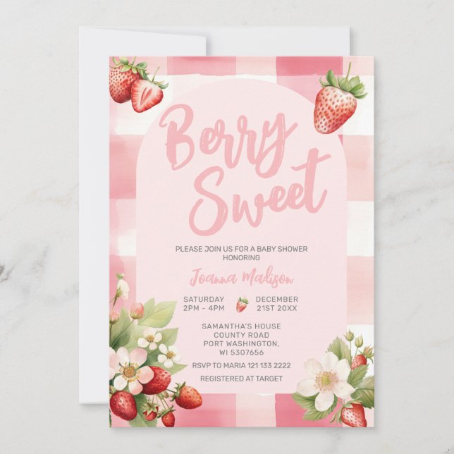 Gingham Strawberry Berry Sweet Baby Shower Inbjudningar (Framsida)