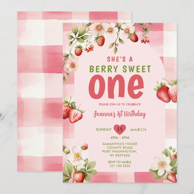 Gingham Strawberry Sweet One Berry 1st Birthday Inbjudningar (Fram/baksida)