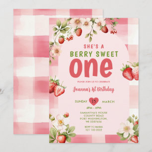 Gingham Strawberry Sweet One Berry 1st Birthday Inbjudningar