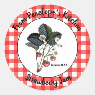 Gingham Strawberry Sylt Sticker-etikett Ditt kök Runt Klistermärke