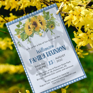 Gingham Sunblommor Rustic Family Reunion Inbjudningar