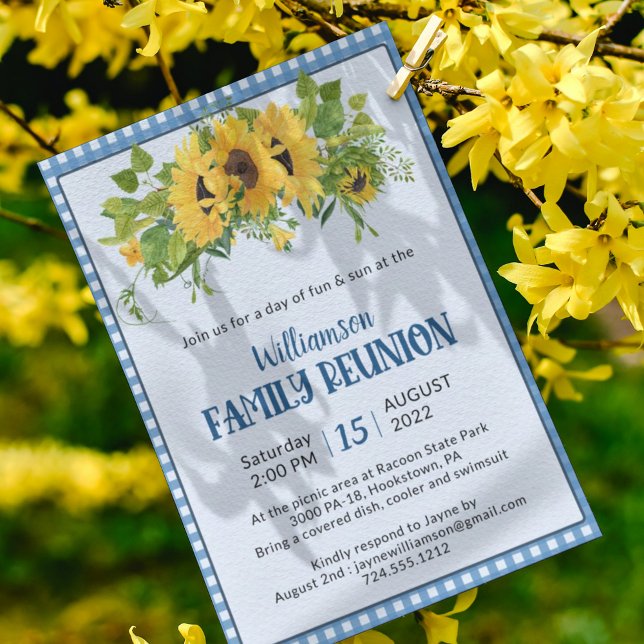 Gingham Sunblommor Rustic Family Reunion Inbjudningar (Skapare uppladdad)