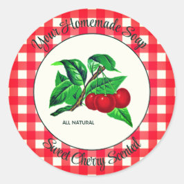 Gingham Sweet Cherry Handmade Soap-etikett Runt Klistermärke