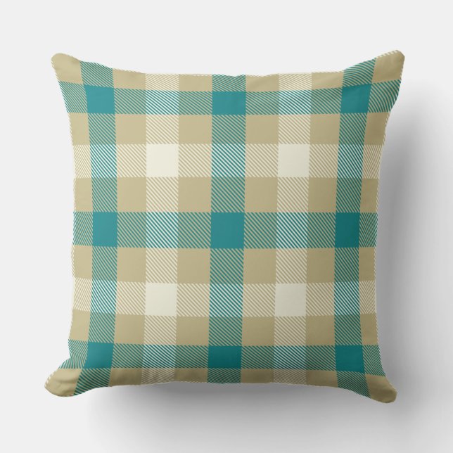 Gingham tartan plaid blue och beige land stil kudde (Framsida)