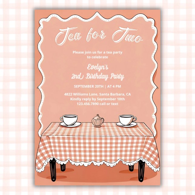 Gingham Tea Party Tea för 2:a födelsedagen Inbjudningar (Tea for Two 2nd Birthday Invitation Vintage Gingham Tea Party Invite for Girls)
