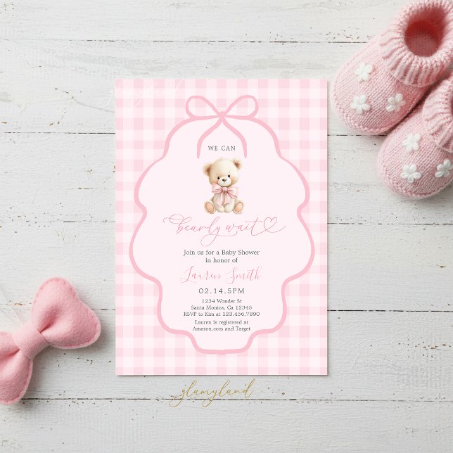 Gingham Teddy Bear Girl Baby Shower Inbjudningar (Skapare uppladdad)