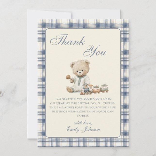 Gingham Teddy Bear Pojke Baby Shower Tackkort (Framsida)