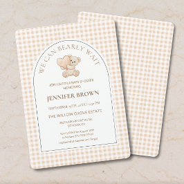 Gingham Teddy Bear We Can Bearly Wait Baby Shower Inbjudningar