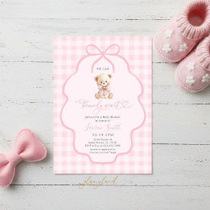 Gingham Teddybjörn Flicka Bebis Badrumsfest Inbjudningar