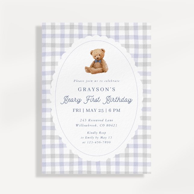 Gingham Teddybjörn Första Födelsedagsinbjudan Meddelande (Skapare uppladdad)
