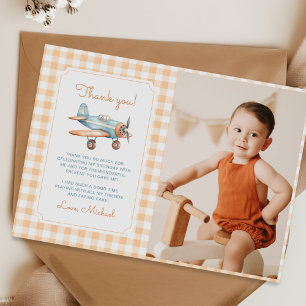 Gingham Time Flies Airplan First Birthday Photo Tack Kort