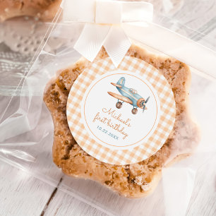 Gingham Time Flies Airplane First Birthday Runt Klistermärke