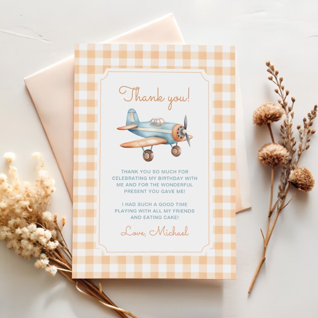 Gingham Time Flies Airplane First Birthday Tack Kort (Skapare uppladdad)