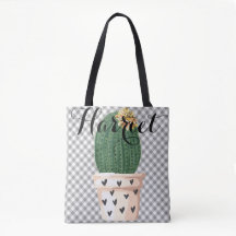 Gingham Tote Bag med Cactus pot Anpassade