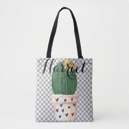 Gingham Tote Bag med Cactus pot Anpassade Tygkasse