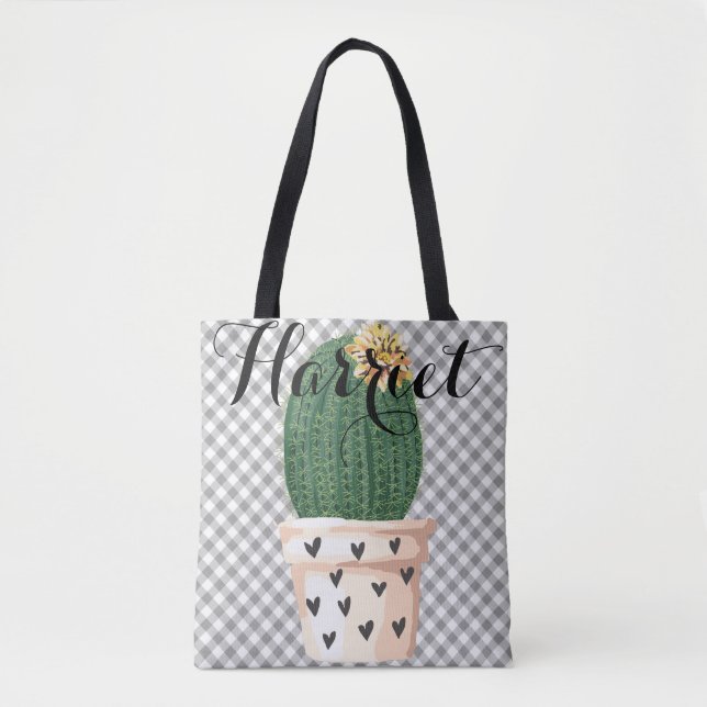 Gingham Tote Bag med Cactus pot Anpassade Tygkasse (Framsida)