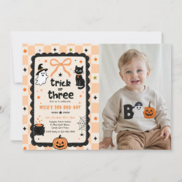 Gingham Trick Or Three Halloween Födelsedags Foto Inbjudningar