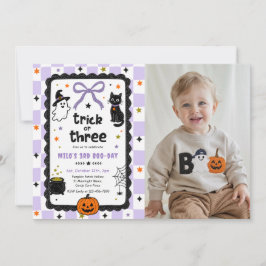 Gingham Trick Or Three Halloween Födelsedags Foto Inbjudningar