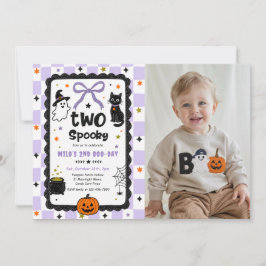 Gingham Två Kusliga Halloween Födelsedagsfest Foto Inbjudningar