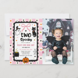 Gingham Två Kusliga Halloween Födelsedagsfest Foto Inbjudningar
