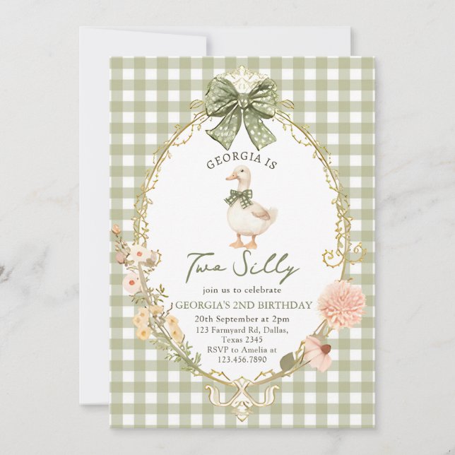 Gingham Two Silly Goose 2nd Birthday Invitation Inbjudningar (Framsida)