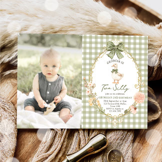 Gingham Two Silly Goose 2nd Birthday Photo Inbjudningar
