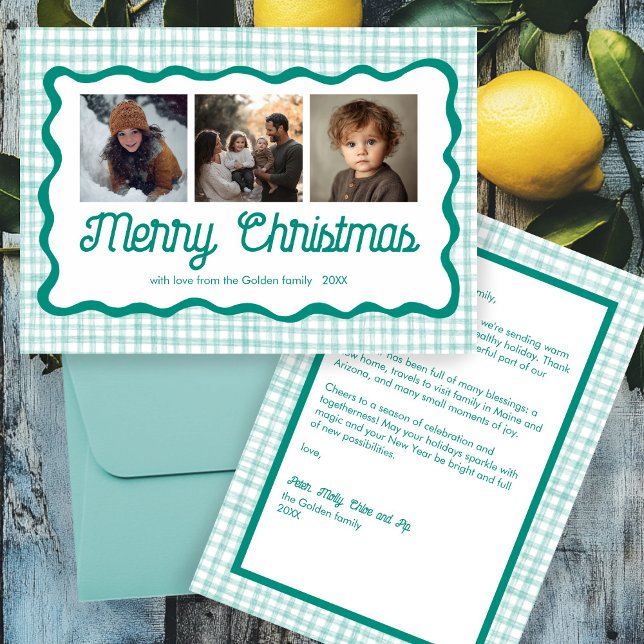 Gingham Vågig Grön Jul Anpassad 3 Foto Julkort (Gingham Wavy Green Christmas Custom 3 Photo Holiday Card
)