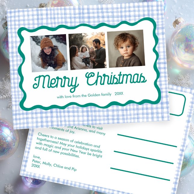 Gingham Vågigt Blue Grönt jul Anpassningsbar 3 Pho Helg Vykort (Gingham Wavy Blue Green Christmas Custom 3 Photo Holiday Postcard
)